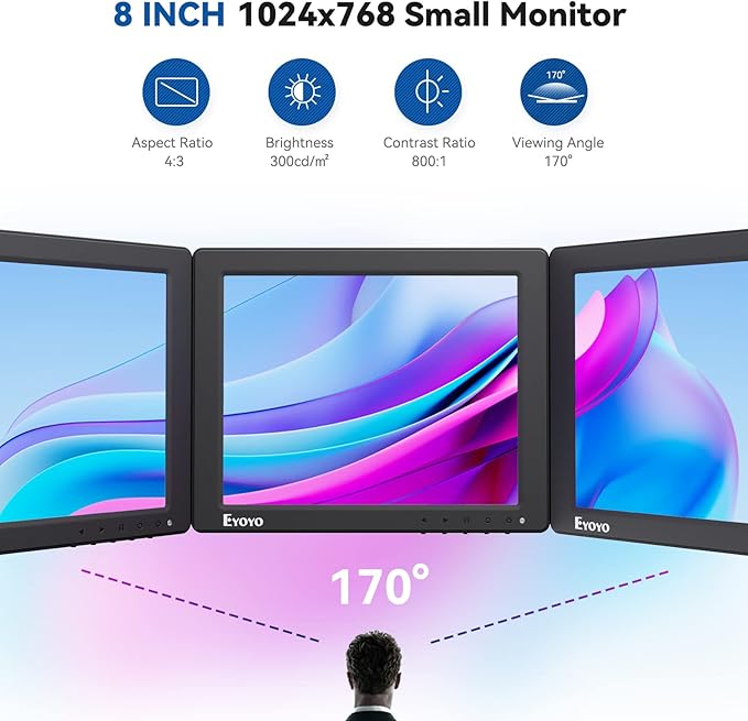 Eyoyo 8 Inch Small Monitor, 1024x768 4:3 IPS Mini Security Camera Monitor Screen Support HDMI VGA AV BNC Input with Remote Control, Video Monitors for Retro Computer PC NVR CCTV Raspbery Pi