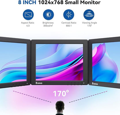 Eyoyo 8 Inch Small Monitor, 1024x768 4:3 IPS Mini Security Camera Monitor Screen Support HDMI VGA AV BNC Input with Remote Control, Video Monitors for Retro Computer PC NVR CCTV Raspbery Pi