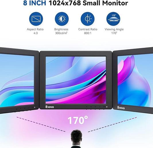 Eyoyo 8 Inch Small Monitor, 1024x768 4:3 IPS Mini Security Camera Monitor Screen Support HDMI VGA AV BNC Input with Remote Control, Video Monitors for Retro Computer PC NVR CCTV Raspbery Pi