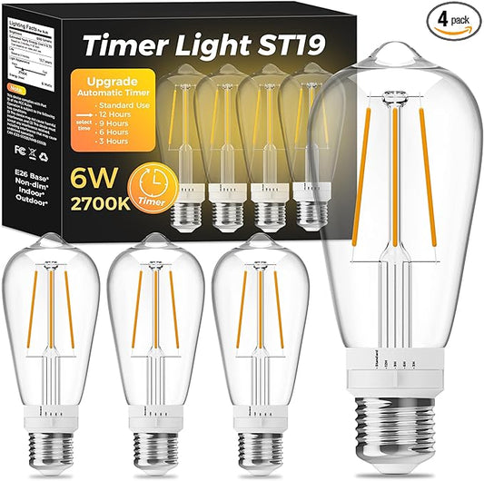 ST19 Timer Light Bulb 4 Pack: Vintage Edison LED Bulbs with Built-in Timer, 3H/6H/9H/12H Auto Modes, Warm White 2700K 600lm, E26 Base, No WiFi, Energy Saving Indoor/Outdoor Porch & Patio Light