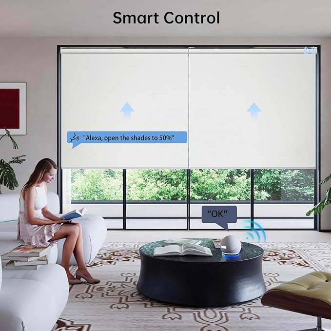 Motorized Coupled Shades, Blackout Smart Blinds for Large Windows Automatic Blinds Compatible with Alexa, Motorized Roller Shades Customized for Bedroom Home Office(Blackout-Pure White)
