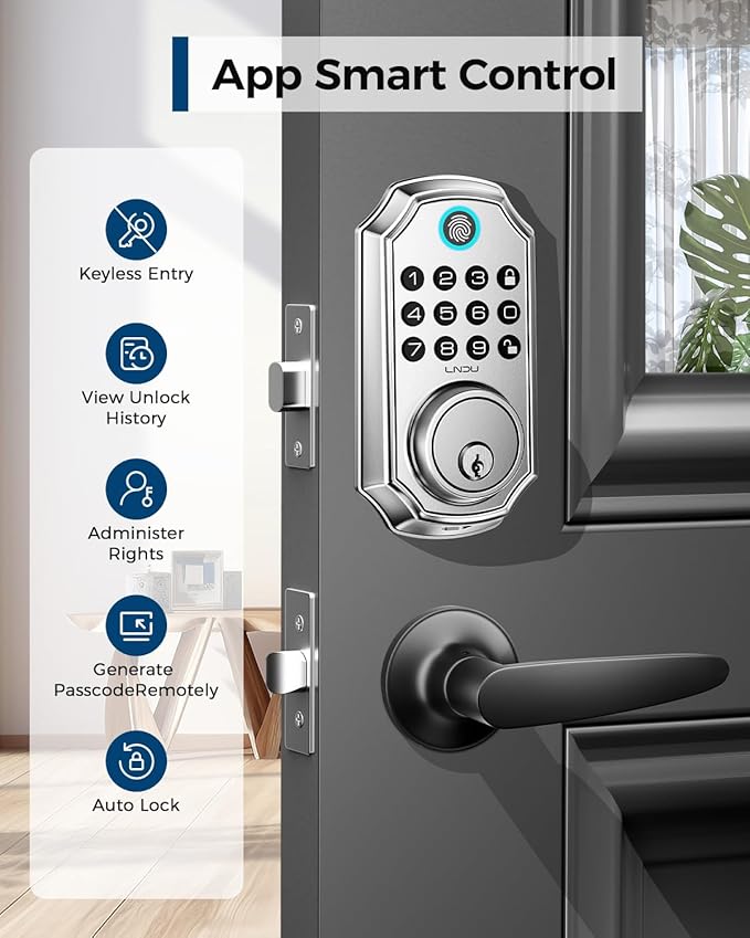 Keyless Entry Door Lock, Smart Deadbolt Lock with Handleset D180 & D280 (Fingerprint & Leveler) (Metallic)
