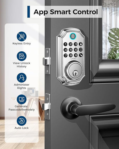 Keyless Entry Door Lock, Smart Deadbolt Lock with Handleset D180 & D280 (Fingerprint & Leveler) (Metallic)