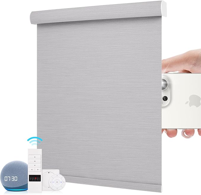 ZSTARR Motorized Roller Shades Blackout Smart Roller Blinds with Remote Control Rechargeable Blind Compatible with Alexa Automatic Window Shades for Home Custom Size (BO Champagne Grey)