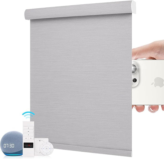 ZSTARR Motorized Roller Shades Blackout Smart Roller Blinds with Remote Control Rechargeable Blind Compatible with Alexa Automatic Window Shades for Home Custom Size (BO Champagne Grey)