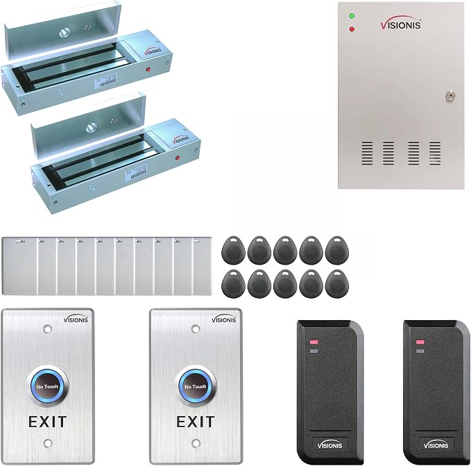 Visionis FPC-6135 Two Doors Access Control for Outswing Electric 1200lbs Maglock Time Attendance TCP/IP Wiegand Controller Box, Black Indoor/Outdoor Card Reader, Software + 20,000 Users Kit