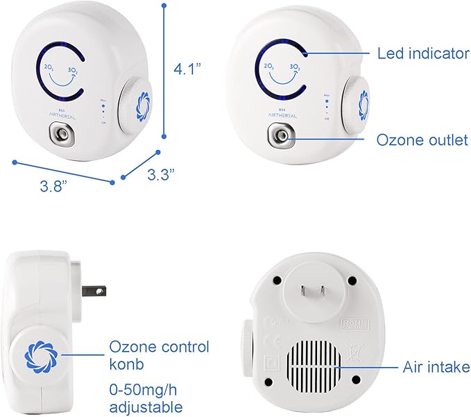 Airthereal B50 Mini Ozone Generator Air Purifier- Removes Odors and Sterilizes Air in Small Spaces Up To 320 Sq Ft - Plug in Mini Air Ionizer, Adjustable Ozone Output of 10-50 mg/h