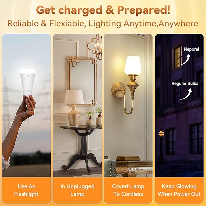 Neporal MagixPro Rechargeable Light Bulbs with Remote, USB + Socket Rechargeable, 1800mAh Large Battery Light Bulb, 3 Color Shift + Stepless Dimmable, A19 E26 Emergency Light Bulb, 15W (MagicPro, 2)