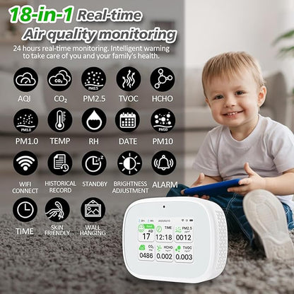 18-in-1 Smart Air Quality Monitor - Indoor WiFi Air Quality Detector with Dual Chip, Real-Time for AQI, CO2, PM2.5, PM1.0, PM10, TVOC, HCHO, Time, Temperature & Humidity with APP (White-White)