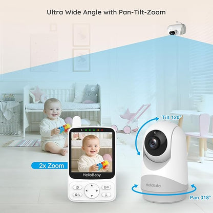 HelloBaby Baby Monitor with 2 Cameras Remote PTZ,4" IPS Screen,29H Battery,1000ft Range,No WiFi Secure Connection, Night Vision, VOX Audio & 8 Lullabies for Newborns, Nurseries & Travel