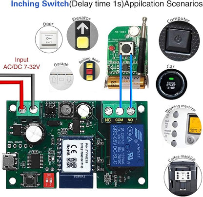 WiFi Wireless Inching Relay Switch Momentary DIY Smart Home Remote Control DC 5-32V AC 90-250V Compatible With Alexa Echo IFTTT (Using TUYA/Smart Life APP)