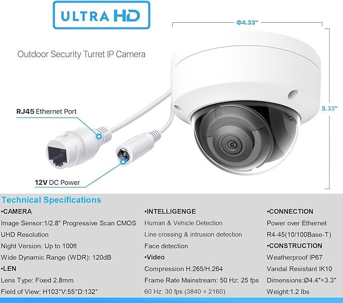 DS-2CD2183G2-I 4K 8MP AcuSense Vandal Fixed Dome POE IP Camera Outdoor, 2.8mm Wide Angle, 3-Axis, WDR, IP67, IK10, Work with Ⲏіkconnect