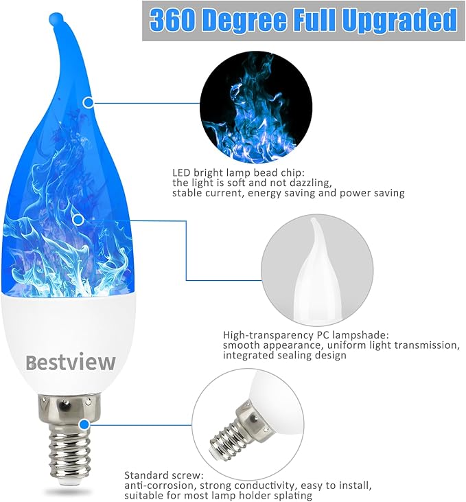 Bestview LED Flame Effect Light Bulbs,3 Modes Flickering Light Bulbs, Smart E12 Chandelier Base Candle Fire Light Bulb for Halloween, Christmas,Party, Porch Indoor&Outdoor Decoration -6 Pack(Blue)