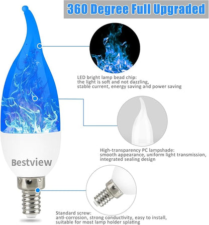 Bestview LED Flame Effect Light Bulbs,3 Modes Flickering Light Bulbs, Smart E12 Chandelier Base Candle Fire Light Bulb for Halloween, Christmas,Party, Porch Indoor&Outdoor Decoration -6 Pack(Blue)