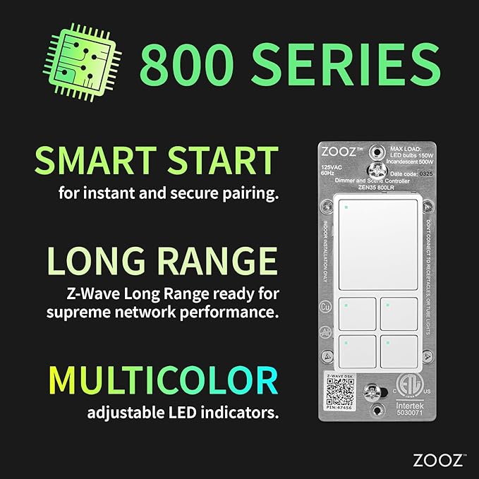 Zooz 800 Series Z-Wave Long Range Dimmer & Scene Controller ZEN35 800LR, White | Z-Wave Hub Required