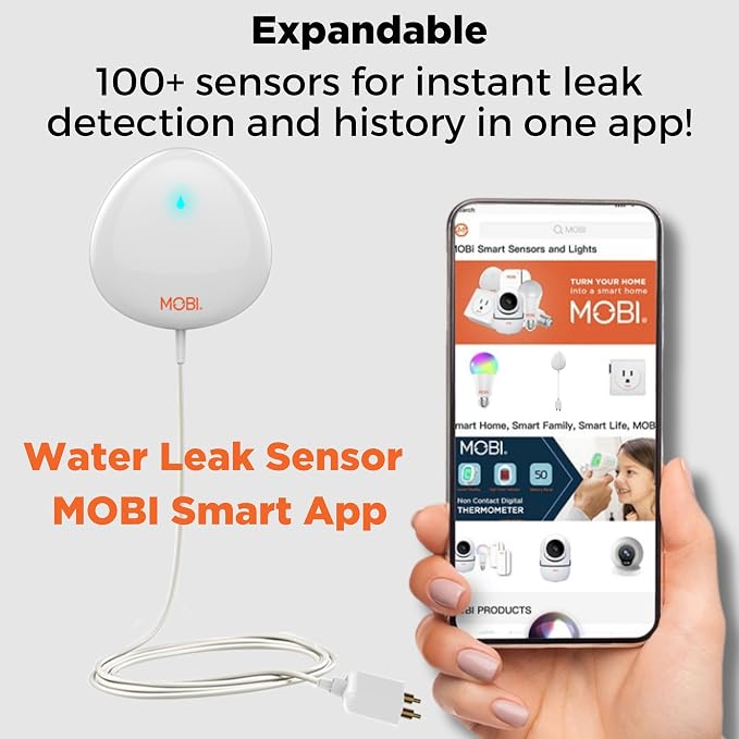 MOBI Smart WiFi Water Leak Detector, App Alerts, Flood Sensor Alarm with 48” Extension Probe, No Hub Required, 24/7 Monitoring for Basement, Kitchen, Bathroom
