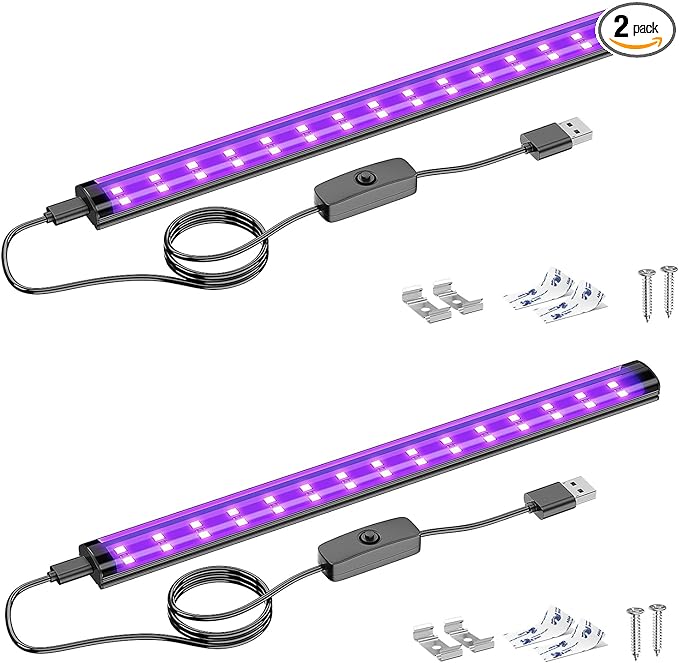 Onforu 2 Pack 10W LED Black Light Bar, 1ft, USB Blacklight Tube, Blacklight Bars with Switch, Black Light for Fluorescent Tapestry Poster, Cabinet, Glow Party, Halloween, Classroom, Body Paint