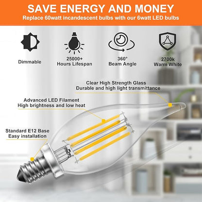 CA11 Chandelier Dimmable Light Bulbs 2700k Warm White 6W 120V, 12 Pack High Output CA11 60 Watt Candelabra Base Bulbs Led, No Flicker CA 11 LED Light Bulbs with E12 Base for Indoor Lighting.