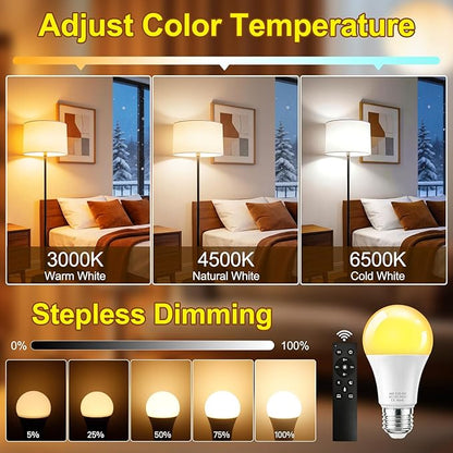 SCNNC LED Remote Control Light Bulbs, 700LM 9W, 60 Watt Equivalent, 3000K-6500K Stepless Dimmable Warm Light Bulbs, E26/E27 Base,100V-240V AC, CRI 80+, 30000+ Hours Lifespan (1 Remote, 1 Bulb)