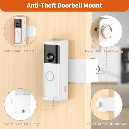 No-Drill Doorbell Mount with Rain Cover, Anti-Theft Door Bracket | Compatible with Battery Doorbell/Plus/Pro(2026 Model),Quick Install Doorbell Camera Holder for Rental Apartment,White