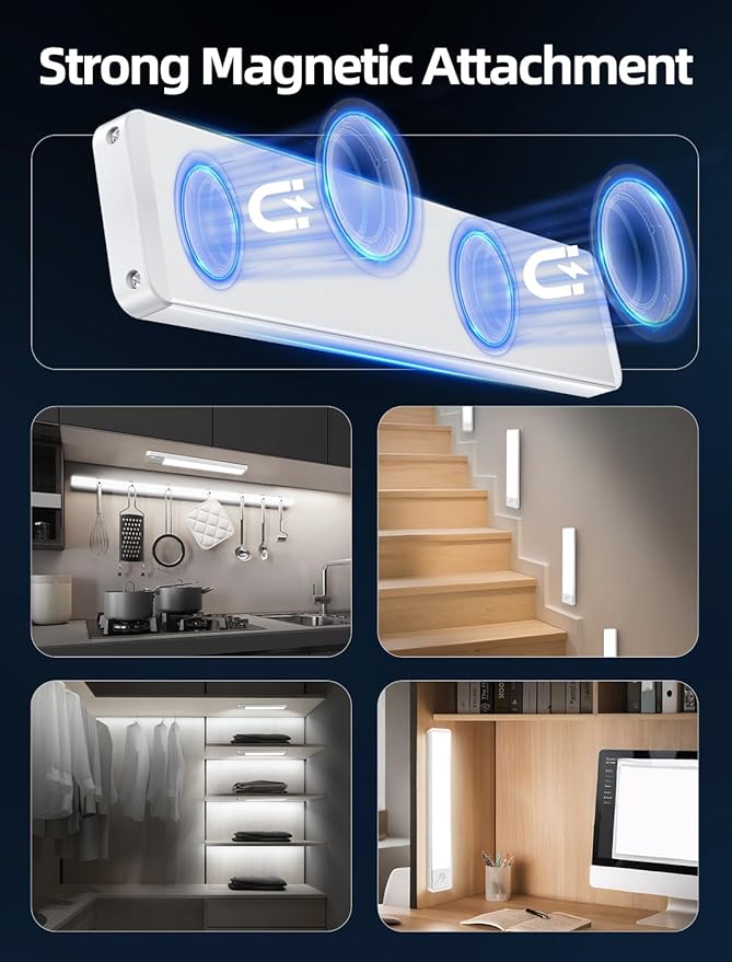 Under Cabinet Lighting: 12 Inch 3-Color Dimmable Rechargeable Motion Sensor Lights Indoor - Battery Operated Lights - Closet Light Magnetic Led Light for Kitchen Home Bathroom Counter 5 Pack
