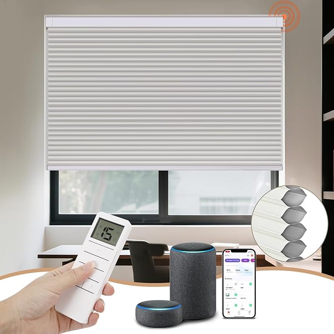 Smart Custom Motorized Cellular Shades – Remote & App Controlled Electric Window Blinds, Automated Blackout Honeycomb Blinds for Home, Alexa Google Siri Compatible – Made to Order (22”-112” W)
