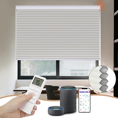 Smart Custom Motorized Cellular Shades – Remote & App Controlled Electric Window Blinds, Automated Blackout Honeycomb Blinds for Home, Alexa Google Siri Compatible – Made to Order (22”-112” W)