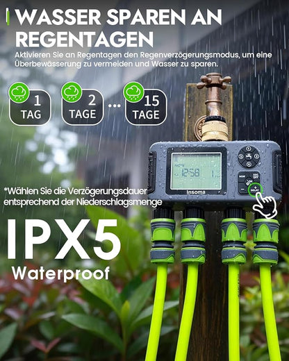 Insoma 4-Zone Water Timer with Brass Inlet, Automatic Garden Hose Timer with Manual/Rain Delay & Large Display, IPX5 Waterproof Faucet Timers for Sprinkler System, Yard, Lawn, Greenhouse