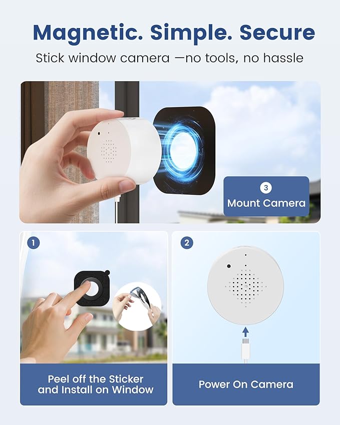 3MP 2K Window Camera, 2.4GHz WiFi 6 Window Security Camera, Blacklight Full-Color Night Vision, Smart AI Detection & Descriptive Alert, 24/7 Recording, No-Drill Magnetic Mount, 2 Packs