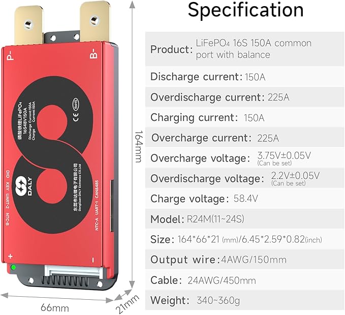 DALY Smart BMS 4S-16S 40A-500A with WiFi Module and CAN 485 Communication Protection Board for LifePO4 Lithium Battery Pack (Smart BMS 16S 48V，150A)