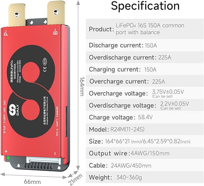 DALY Smart BMS 4S-16S 40A-500A with WiFi Module and CAN 485 Communication Protection Board for LifePO4 Lithium Battery Pack (Smart BMS 16S 48V，150A)