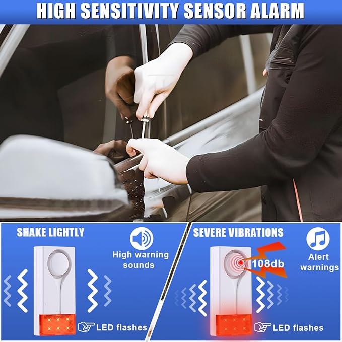 Car Anti-Theft Vibration Alarm, 108dB Auto Door Security Anti Theft Device with Red Light, Wireless Remote Car Window Alarm System, Magnetic Anti Theft Device for Motorcycle, Truck