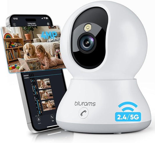 blurams 4MP Cameras for Home Security, 360° PTZ Pet Indoor Camera with Phone App, One-Touch Call, Dual-Band WiFi 6, Free Human/Pet/Motion/Sound/Cry Detection, Compatible with Alexa