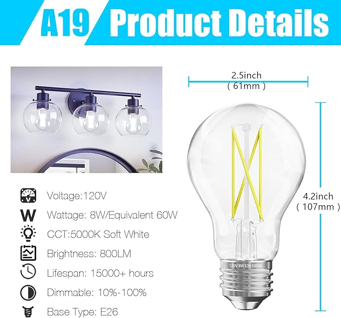 DAYBETTER 6 Pack A19 Vintage LED Edison Bulbs, 60W Equivalent Dimmable LED Bulbs, High Brightness 5000K Daylight, 800 Lumens, 8W E26 Standard Base, Ultra-Bright, CRI80+, Clear Glass Filament Bulb