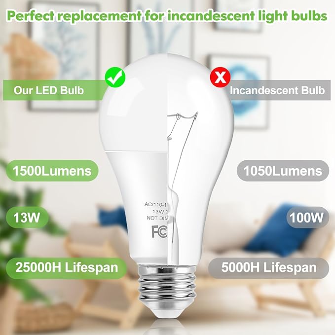 LED Light Bulbs, 100 Watt Equivalent A19 LED Bulbs, 13W 4000K Neutral White 1500 Lumens Non-Dimmable Bright E26 Edison Medium Screw Bulbs for Home Bedroom Kitchen Living Room Office Lamp, 10-Pack