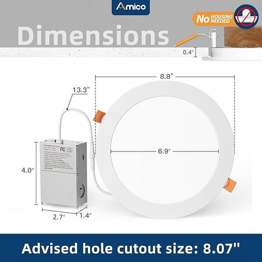 Amico 4 Pack 8 Inch 5CCT Ultra-Thin LED Recessed Ceiling Light with Junction Box, 2700K/3000K/3500K/4000K/5000K Selectable, 18W Eqv 125W 1600LM Brightness Dimmable Canless Wafer Downlight, ETL