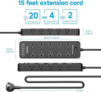 Power Strip Surge Protector Flat Plug with 20 AC Outlets 6 USB Chagring Ports, 1875W/15A, 2700J, 15 Feet Heavy Duty Extension Cord for Home, Office, Dorm, Gaming,ETL Listed (Black, 15FT)
