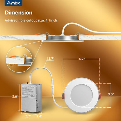 Amico 12 Pack 4 Inch 5CCT LED Recessed Ceiling Light with Night Light, 2700K/3000K/3500K/4000K/5000K Selectable Ultra-Thin Lighting, 10W=90W, 700LM, Dimmable Canless Wafer Downlight - ETL&FCC