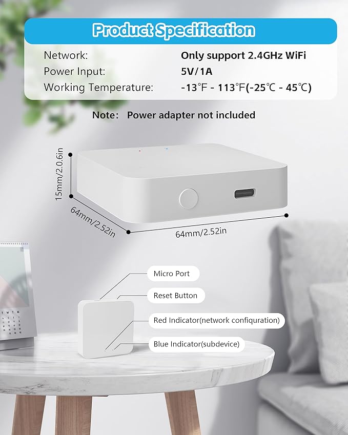 Hidalife Bluetooth Gateway for Smart Door Lock, WiFi Gateway for Smart Life, Tuya/SmartLife App to Remotely Control, Voice Control Compatible with Alexa & Google Assistant,Only Support 2.4G WiFi