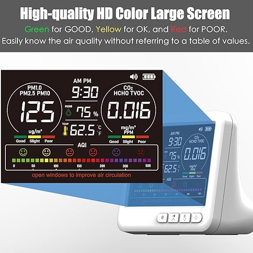 Professional Indoor Air Quality Monitor with AQI Alerts, Portable Real-Time Detector for Home, Car, Plants & Pets