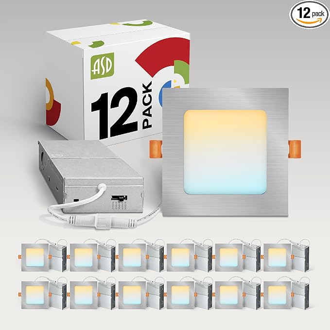 ASD 12 Pack LED Square Recessed Lighting 4 Inch, 5 CCT 2700K-5000K, 12W 50W Eqv Ultra Thin Dimmable Ceiling Lights with J Box, Canless Wafer Downlight, Slim Panel Light, UL Energy Star, Brushed Nickel
