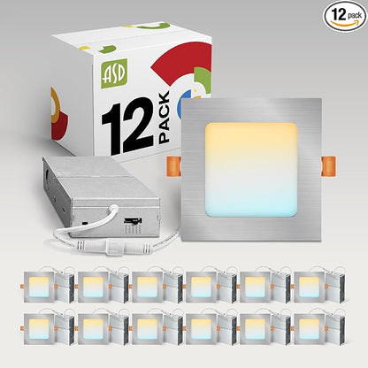 ASD 12 Pack LED Square Recessed Lighting 4 Inch, 5 CCT 2700K-5000K, 12W 50W Eqv Ultra Thin Dimmable Ceiling Lights with J Box, Canless Wafer Downlight, Slim Panel Light, UL Energy Star, Brushed Nickel