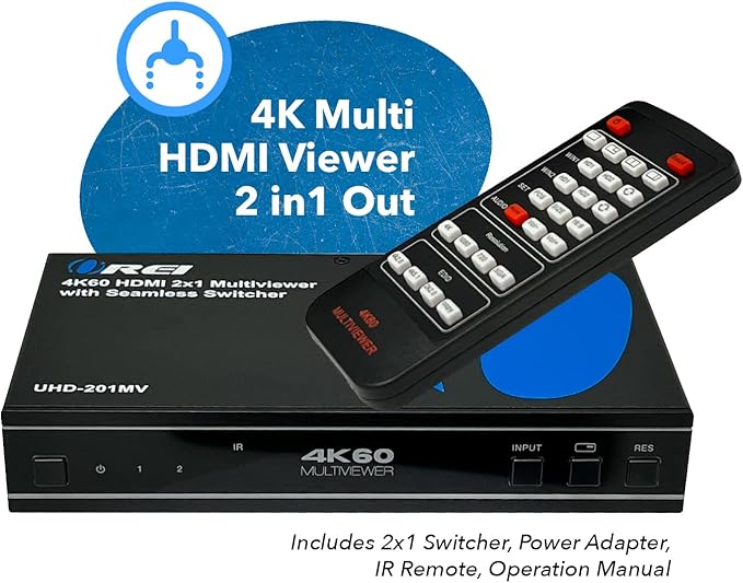 OREI 4K HDMI Multi Viewer 2 in 1 Out Switcher 2 Ports Seamless IR Remote Support 4K @ 60Hz 1080P for PS4/PC/DVD/Security Camera HDMI Switch Optical Audio L/R Output - (UHD-201MV)