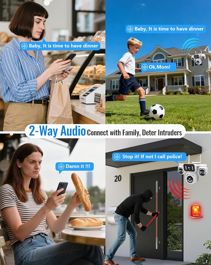 4-in-1 Wireless Outdoor Security Camera, Quad-View PTZ with 8MP HD, 16X Zoom, AI Human/Pet Detection, Color Night Vision, IP66 Weatherproof, 2-Way Audio, Dual Storage for Home Security