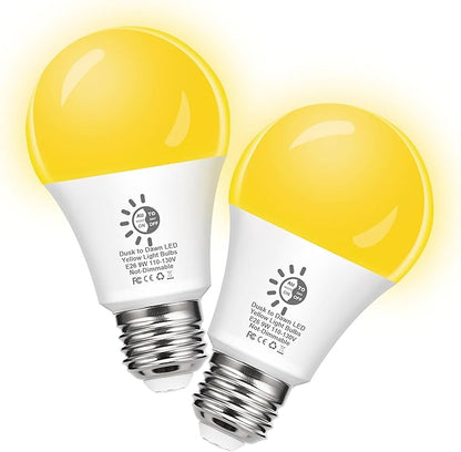 Flaspar Dusk to Dawn LED Yellow Bug Light Bulbs Outdoor 60W Equivalent, Amber Yellow Bug Light Bulb for Outside, Auto On/Off 9W 2000K A19 LED Bug Photocell Sensor Lights for Patio, Porch, 2 Pack