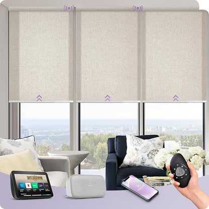 Graywind Motorized Light Filtering Shades Compatible with Alexa Google Rechargeable Remote Control Smart Blinds Automatic Window Shade with Valance for Home Office, Custom Size (Linen Beige)