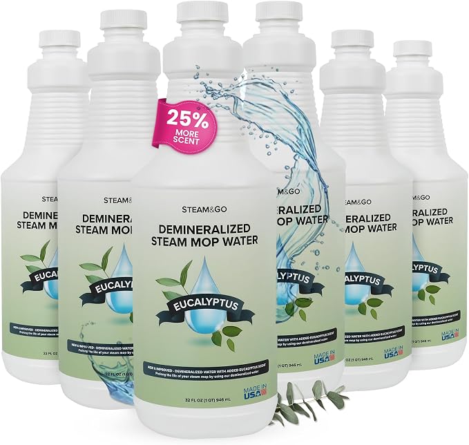 Steam & Go Scented Demineralized Water, Eucalyptus Mint, 32 fl oz (6-Pack) | Mineral-Free, Ready-to-Use Floor & Garment Steamer Solution; Prevents Buildup, Supports Steam Performance
