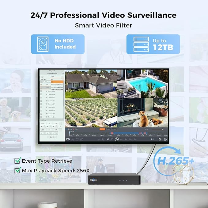 【16 channel Extendable】Hiseeu 8 Port 4K PoE Network Video Recorder NVR, Support 4K/2K/8MP/5MP/3MP/1080P PoE Camera, Free Remote Access, Motion Alarm, 24/7 Recording, Smart Playback, No Hard Disk Drive