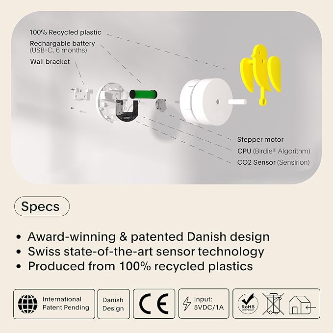 Birdie 2.0 - Design Indoor CO2 Monitor for House Burping - Air Quality Meter for Home & Office -Visual Air Quality Sensor for Fresh Air - Wall Mounted -Swiss Sensor Technology-Yellow, FullBirdie