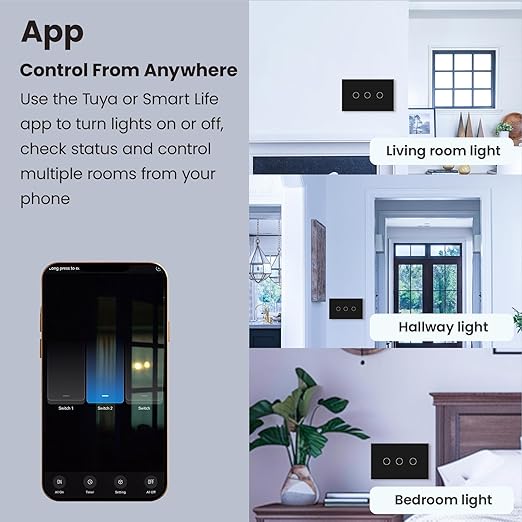 Smart Switch 4.65 X 2.83 X 1.34 Inches Light Switch,No Need Neutral Wire/Neutral Wire Required,2.4GHz WiFi,Works with Alexa/Tuya/Smart Life, Glass Panel,Black 3 Button